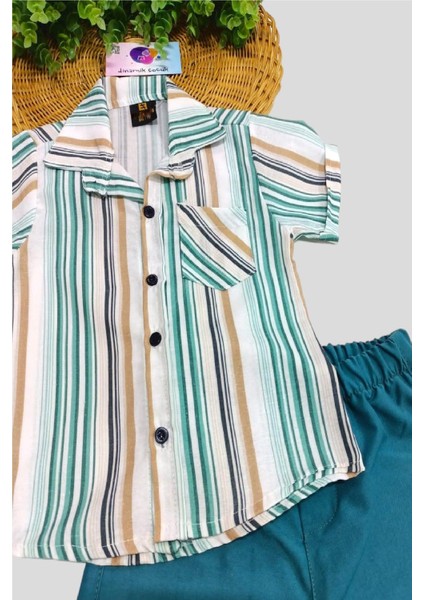 Erkek Çocuk Renkli Çizgili Yazlık Kısa Kollu Gömlek Saten Şortlu 2li Takım Bayramlık Takım modelleri