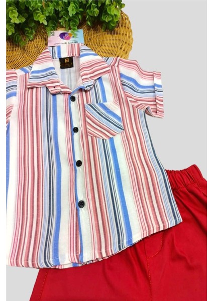 Erkek Çocuk Renkli Çizgili Yazlık Kısa Kollu Gömlek Saten Şortlu 2li Takım Bayramlık Takım/tam Kalıp modelleri