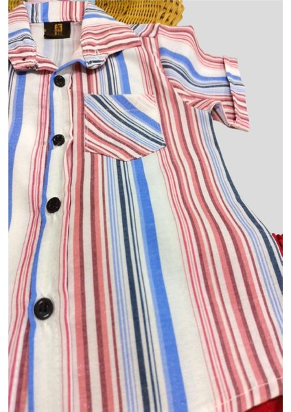 Erkek Çocuk Renkli Çizgili Yazlık Kısa Kollu Gömlek Saten Şortlu 2li Takım Bayramlık Takım/tam Kalıp fırsatları