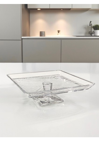 Ayaklı Cam Sunum Servis Tabağı Kare Şık Kek Pasta Sunum Tabak 24X24