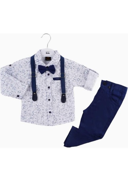 Erkek Çocuk Uzun Kollu Desenli Gömlekli Papyonlu Askılı Pantolonlu 4lü Takım