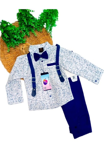 Erkek Çocuk Uzun Kollu Desenli Gömlekli Papyonlu Askılı Pantolonlu 4lü Takım fiyatları