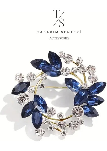 Broş Metal Rozet Mavi Taşlı Yuvarlak Çelenk Yaka Kıyafet Şapka Takı Aksesuar Hediye