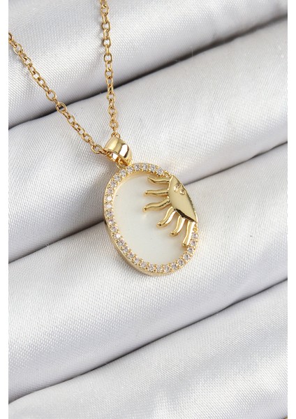316L Çelik Zirkon Taşlı Yarım Güneş Model Gold Renk Kadın Kolye - TJ-BKO10343