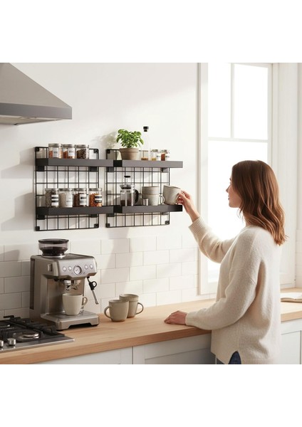 2'li 33X33 Dekoratif Hasır Tel Duvar Paneli 4 Raflı Siyah