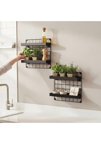 2'li 33X33 Dekoratif Hasır Tel Duvar Paneli 4 Raflı Siyah