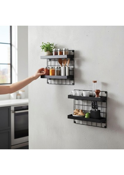 2'li 33X33 Dekoratif Hasır Tel Duvar Paneli 4 Raflı Siyah