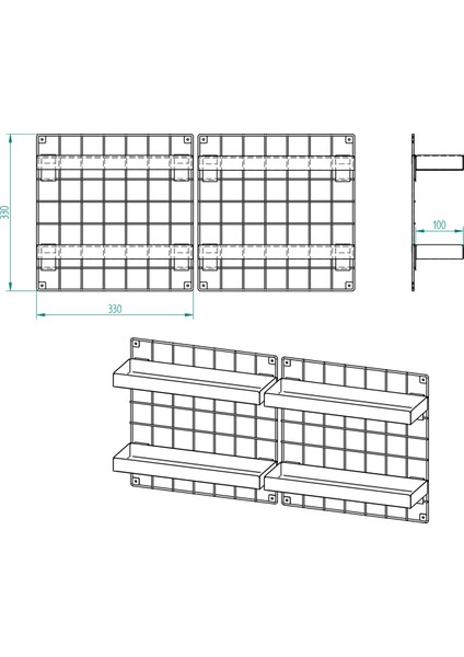 2'li 33X33 Dekoratif Hasır Tel Duvar Paneli 4 Raflı Siyah