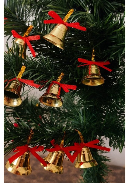 12 Adet Mini Çan Yılbaşı Çam Ağacı Süsü 3 cm Kırmızı Kurdeleli Gold Yılbaşı Çam Ağacı Süsü fiyatları