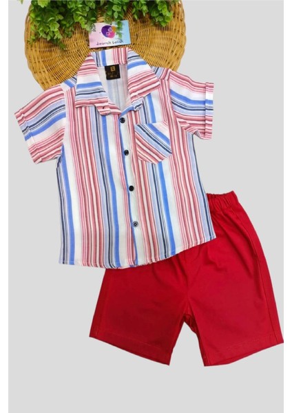 Erkek Çocuk Renkli Çizgili Yazlık Kısa Kollu Gömlek Saten Şortlu 2li Takım Bayramlık Takım/tam Kalıp