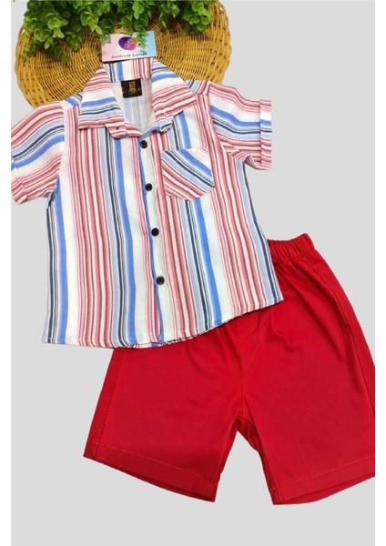 Erkek Çocuk Renkli Çizgili Yazlık Kısa Kollu Gömlek Saten Şortlu 2li Takım Bayramlık Takım/tam Kalıp fiyatları