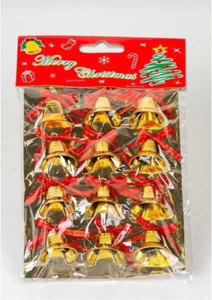 12 Adet Mini Çan Yılbaşı Çam Ağacı Süsü 3 cm Kırmızı Kurdeleli Gold Yılbaşı Çam Ağacı Süsü modelleri