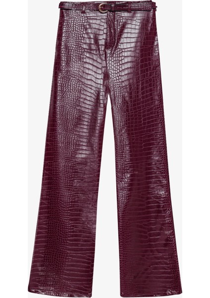Kroko Desenli Bol Paça Deri Pantolon Mürdüm