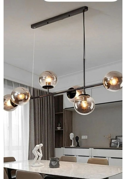 Rikardo Modern Komple Siyah Kasa Füme Globe Camlı Sıralı 6lı Avize