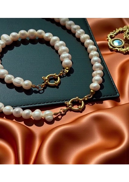 55 cm Paslanmaz Çelik Doğal 8 mm Inci Kolye Bileklik Set - 50 cm 5 cm Gemici Kilit