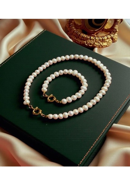 55 cm Paslanmaz Çelik Doğal 8 mm Inci Kolye Bileklik Set - 50 cm 5 cm Gemici Kilit fiyatları