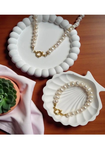 55 cm Paslanmaz Çelik Doğal 8 mm Inci Kolye Bileklik Set - 50 cm 5 cm Gemici Kilit modelleri