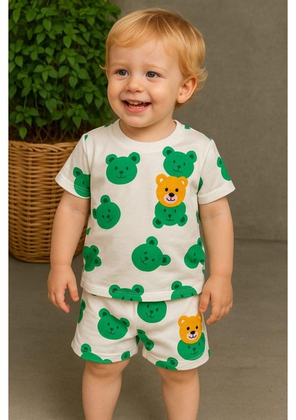 Ayıcıklı Nakışlı Çocuk Erkek/kız 2'li Alt Üst Takım Unısex Yazlık Ince Kısa Kollu