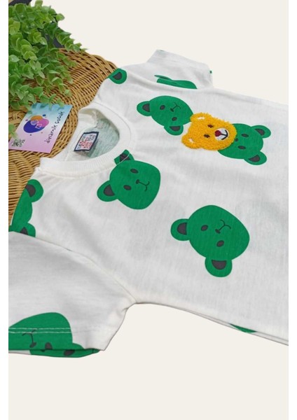 Ayıcıklı Nakışlı Çocuk Erkek/kız 2'li Alt Üst Takım Unısex Yazlık Ince Kısa Kollu