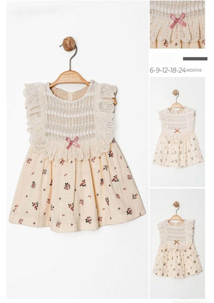 Kız Bebek Vintage Zarif Dantel Yaka Detaylı Çiçek Desenli Elbise Yazlık Şık Model 3-6-9-12-18-24AY fırsatları