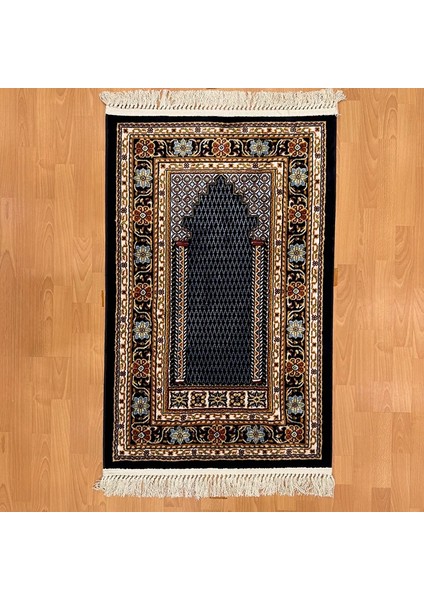 Lalezar Motifli Yünlü Seccade Siyah