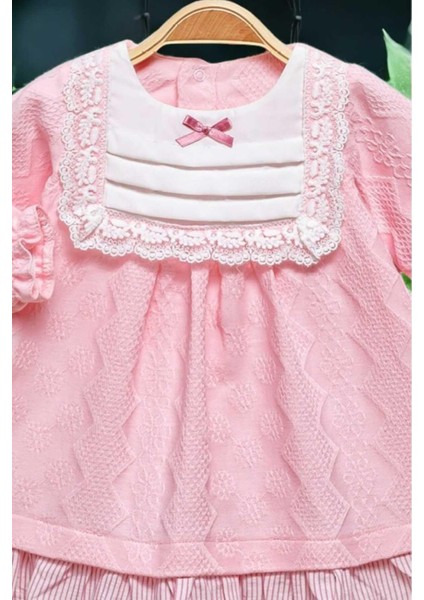 Çiçek Nakışlı Dantel Detaylı Fiyonklu Elbise 0-2 Yaş Kendinden Desenli Kumaş modelleri