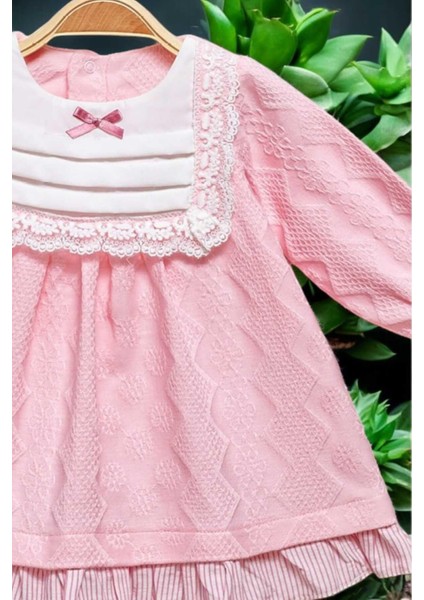 Çiçek Nakışlı Dantel Detaylı Fiyonklu Elbise 0-2 Yaş Kendinden Desenli Kumaş fırsatları