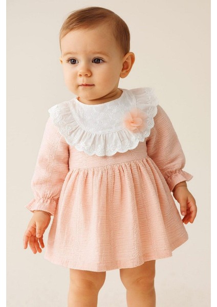 Kız Bebek Fırfırlı Dantel Yaka Uzun Kollu Mevsimlik Elbise Baharlık Şık Model 3-6-9-12-18-24AY