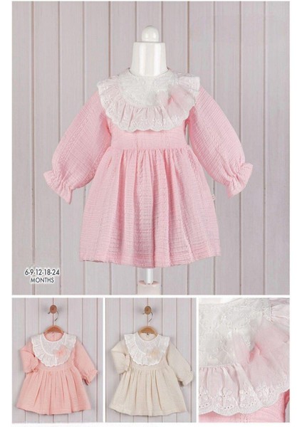 Kız Bebek Fırfırlı Dantel Yaka Uzun Kollu Mevsimlik Elbise Baharlık Şık Model 3-6-9-12-18-24AY modelleri