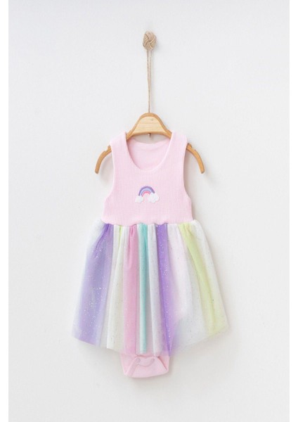 Gökkuşağı Desenli Tüllü Elbise Üstü Fitilli Kolsuz Yazlık Alttan Çıtçıtlı Bodyli Kız Çocuk