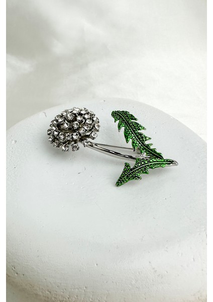Yeşil Yaprak Detay Taşlı Çiçek Motif Broş (6cm) fiyatları