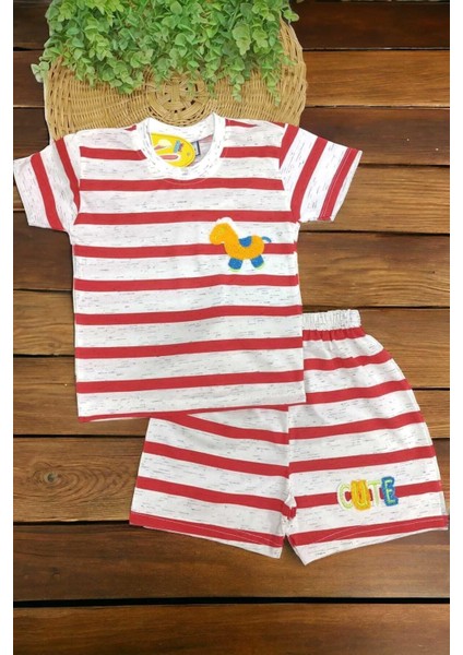Çocuk Erkek/kız Çizgili Nakışlı 2'li Alt Üst Takım Unısex Yazlık Ince Kısa Kollu