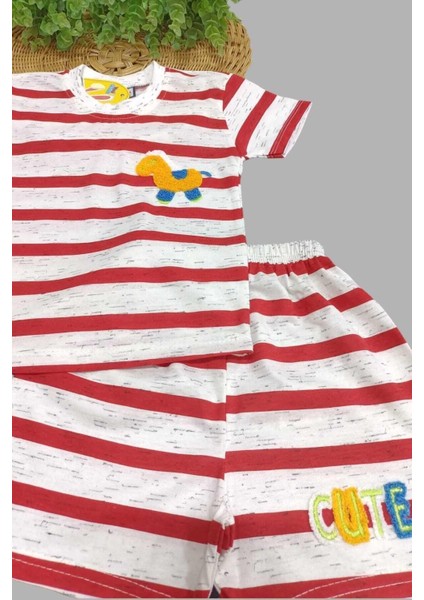 Çocuk Erkek/kız Çizgili Nakışlı 2'li Alt Üst Takım Unısex Yazlık Ince Kısa Kollu modelleri