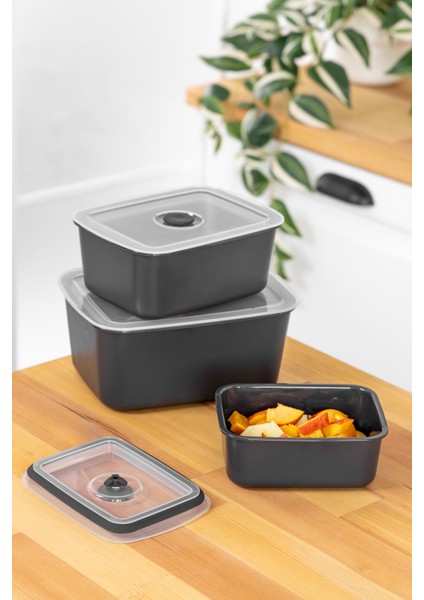 3’lü Vakumlu Saklama Kabı Seti – Hava Geçirmez / Erzak Saklama Kabı -Antrasit