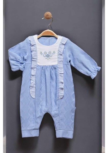 Çiçek Nakışlı Alttan Çıt Çıtlı Tulum 0-12 Ay Kendinden Desenli Pike Kumaş