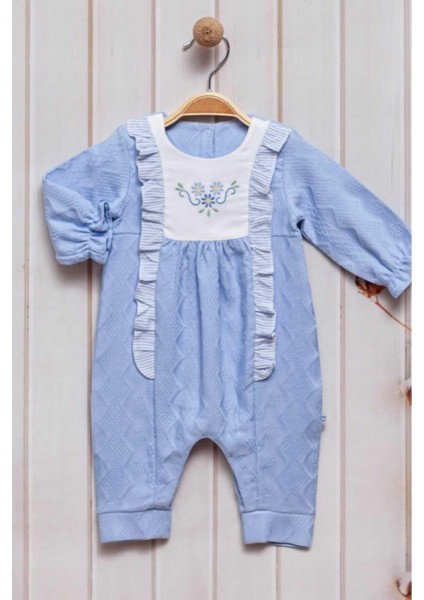 Çiçek Nakışlı Alttan Çıt Çıtlı Tulum 0-12 Ay Kendinden Desenli Pike Kumaş fırsatları