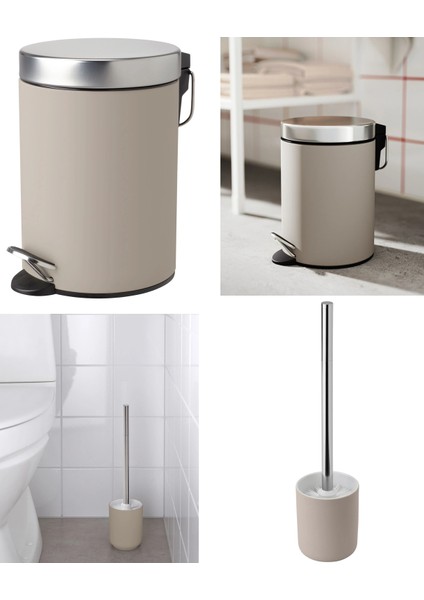 2'li Banyo Seti - Banyo Çöp Kutusu / Kovası 3 Lt ve Tuvalet Fırçası 38CM - Bej