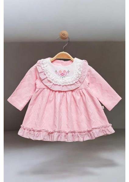 Çiçek Nakışlı Dantel Detaylı Elbise 0-2 Yaş Kendinden Desenli Kumaş