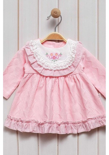 Çiçek Nakışlı Dantel Detaylı Elbise 0-2 Yaş Kendinden Desenli Kumaş