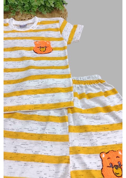 Çocuk Erkek/kız Çizgili Nakışlı 2'li Alt Üst Takım Unısex Yazlık Ince Kısa Kollu modelleri