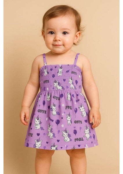 Kız Çocuk Sevimli Tavşan Desenli Ip Askılı Gipeli Yazlık Elbise