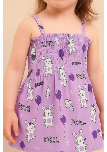 Kız Çocuk Sevimli Tavşan Desenli Ip Askılı Gipeli Yazlık Elbise modelleri