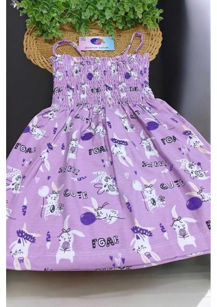 Kız Çocuk Sevimli Tavşan Desenli Ip Askılı Gipeli Yazlık Elbise