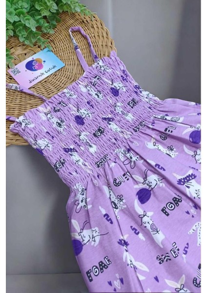 Kız Çocuk Sevimli Tavşan Desenli Ip Askılı Gipeli Yazlık Elbise