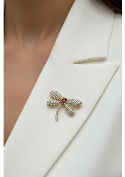 Altın Rengi Çok Taşlı Pembe Renk Detay Yusufçuk Broş (4cm)