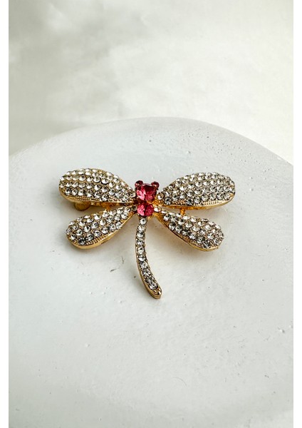 Altın Rengi Çok Taşlı Pembe Renk Detay Yusufçuk Broş (4cm) fiyatları