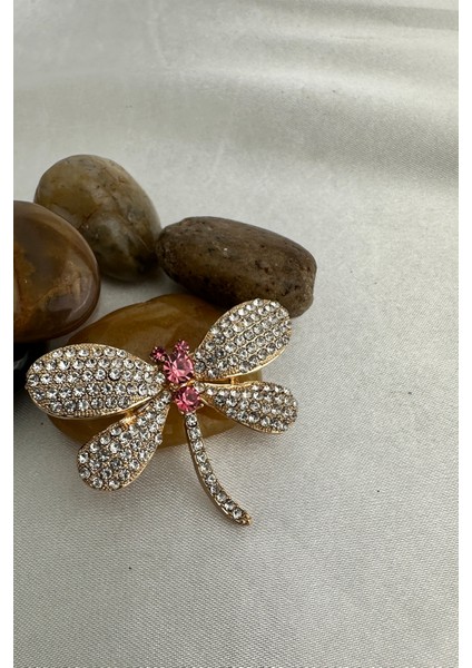 Altın Rengi Çok Taşlı Pembe Renk Detay Yusufçuk Broş (4cm) fırsatları