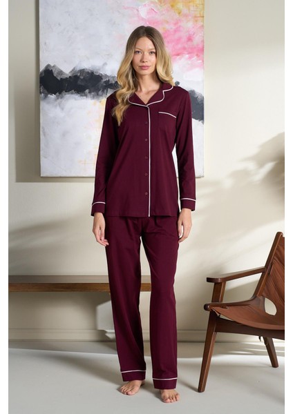 Kadın Penye Süprem Önden Düğmeli Pijama Takımı | Bordo 3102