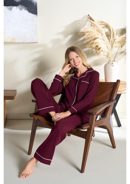 Kadın Penye Süprem Önden Düğmeli Pijama Takımı | Bordo 3102 fiyatları