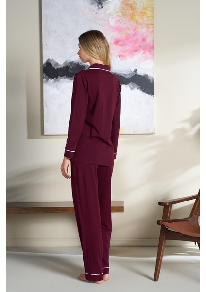 Kadın Penye Süprem Önden Düğmeli Pijama Takımı | Bordo 3102 modelleri